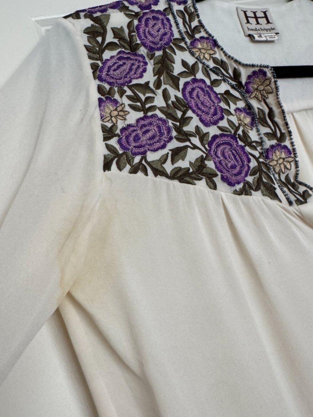 Haute Hippie Cream Purple Floral Embroidered Silk Blouse XS — As Is - Picture 8 of 14